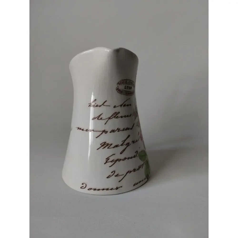 Teleflora Paris Rose Ceramic Pitcher Vase French Script Floral Shabby Chic